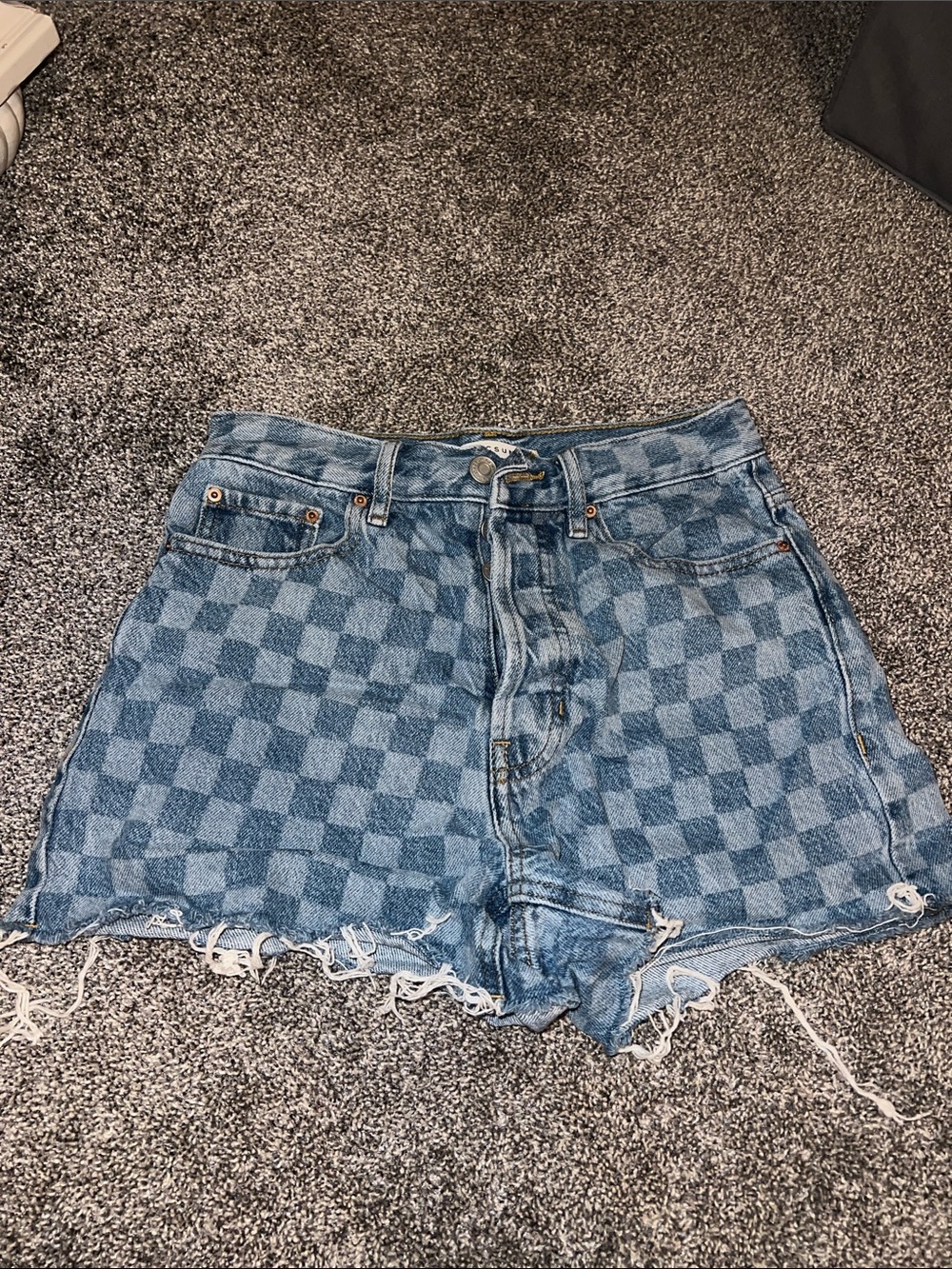 PacSun Checkerboard Ultra High-Rise Vintage Denim Shorts - Light Blue